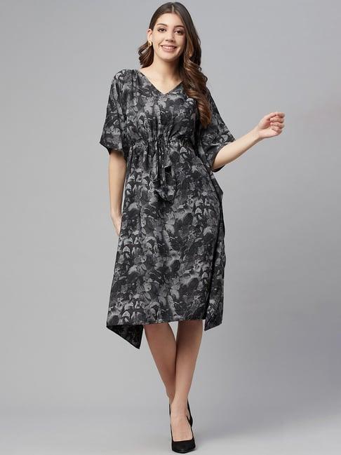 cottinfab black & grey printed a-line kaftan crepe dress