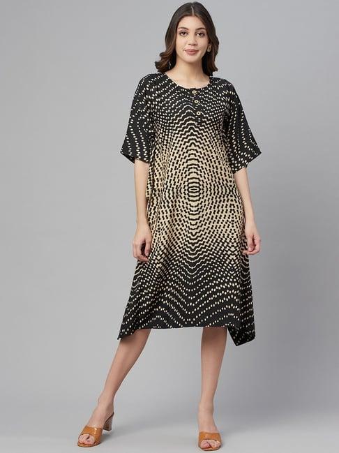 cottinfab black & beige printed a-line kaftan crepe dress