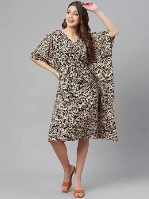 cottinfab beige & black printed a-line kaftan crepe dress