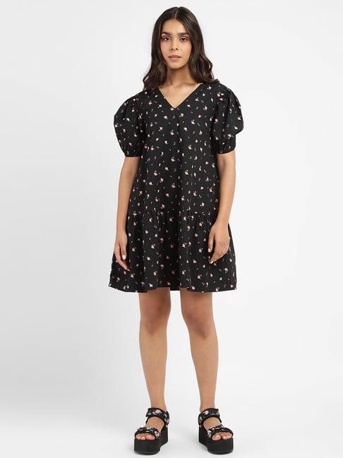 levi's black cotton floral print a-line dress