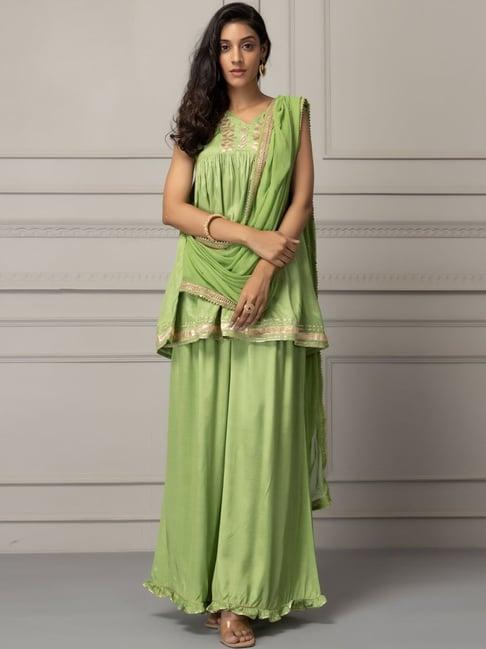 geroo jaipur green embroidered tunic palazzos set with attached dupatta & shrug