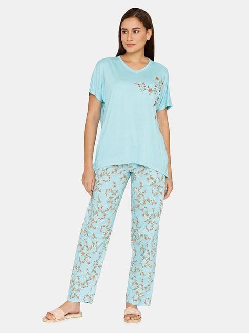 zivame blue floral print top with pyjamas