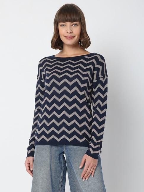 vero moda navy & beige printed sweater