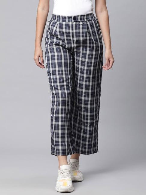 global republic navy cotton linen chequered pants