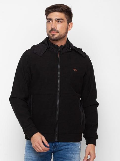 spykar black cotton straight fit hooded jacket