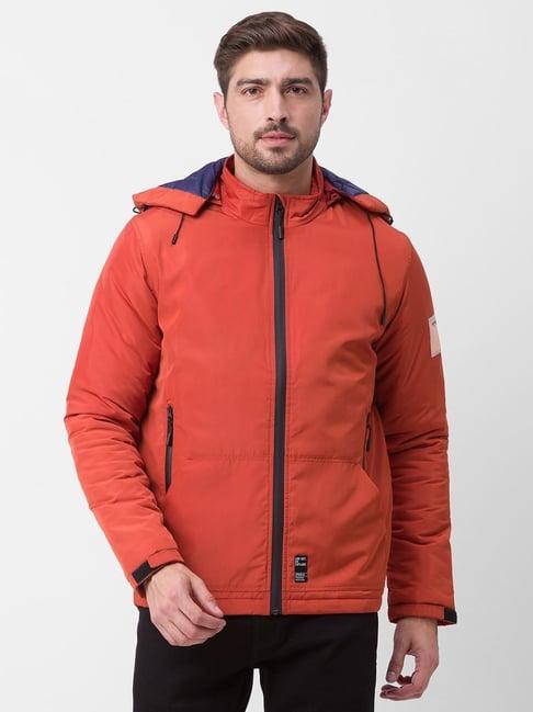 spykar orange straight fit hooded jacket