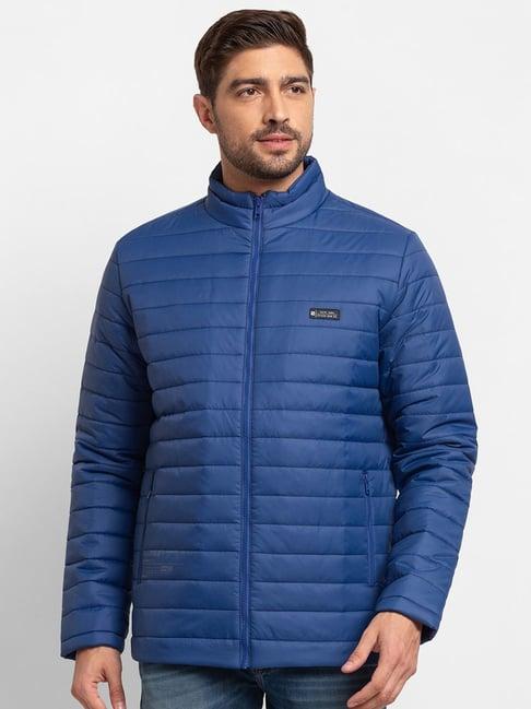 spykar blue straight fit self pattern jacket