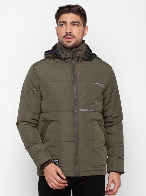 spykar green straight fit hooded jacket