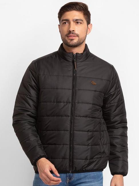 spykar black straight fit self pattern jacket