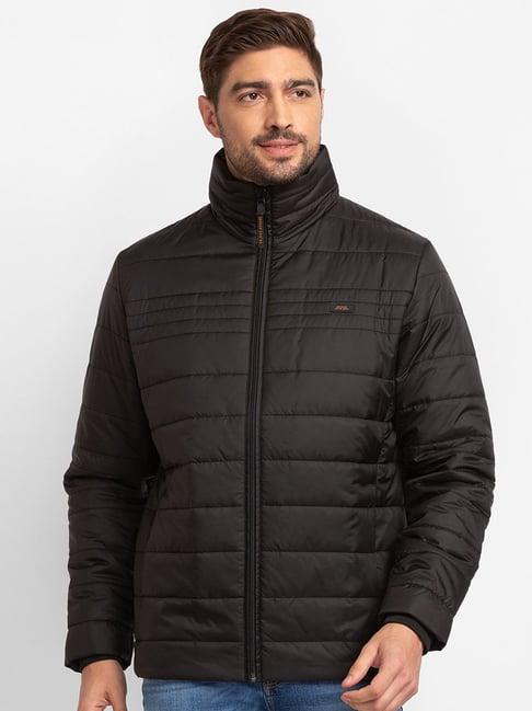 spykar black straight fit self pattern jacket