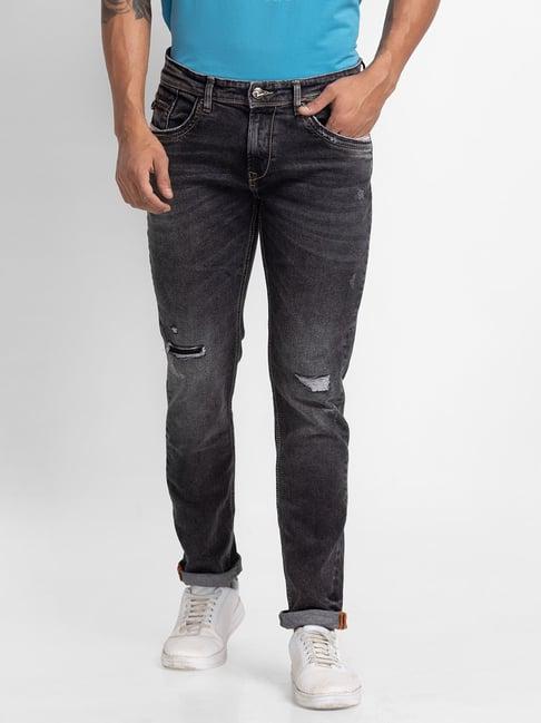 spykar black slim fit distressed jeans