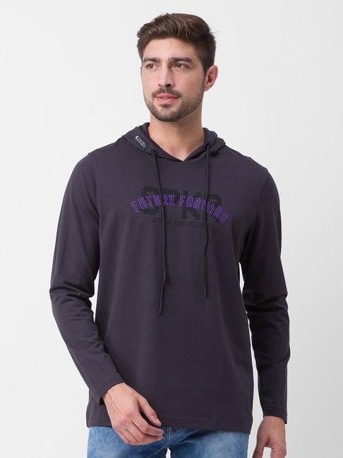 spykar grey cotton slim fit printed hooded t-shirt