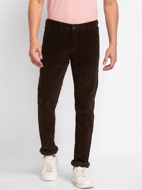 spykar brown cotton regular fit self pattern chinos