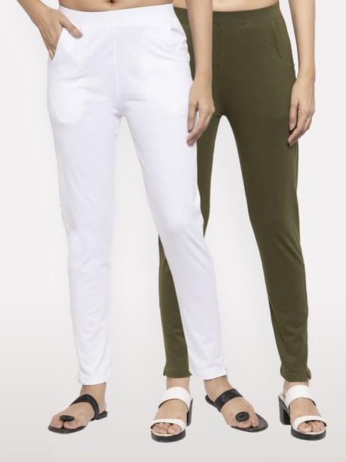 neudis white & olive green mid rise pants - pack of 2