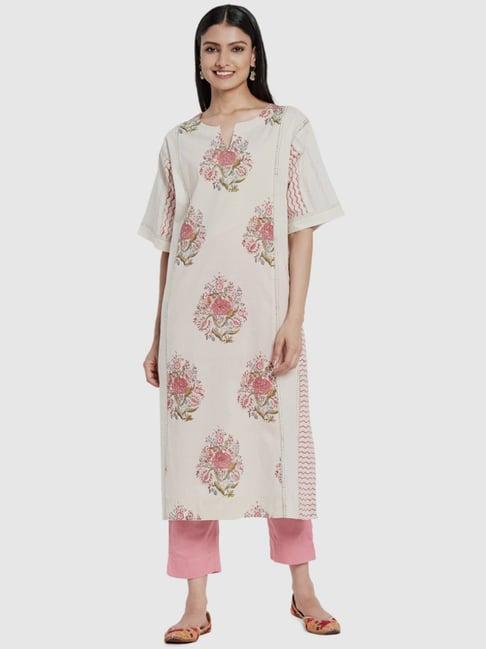 fabindia white cotton printed straight kurta