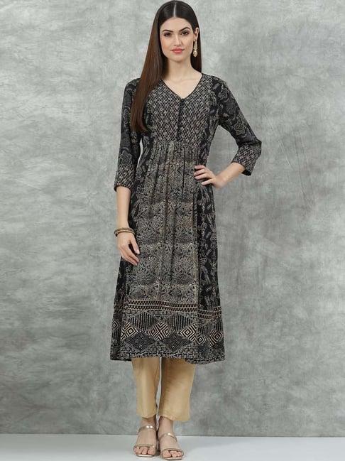 biba black printed a line kurta