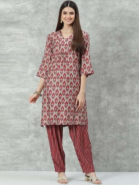 biba grey & maroon printed kurti pant set