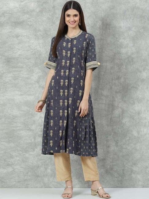 biba blue printed a line kurta