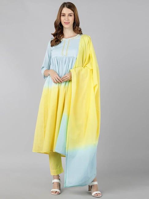 kipek sky blue & yellow cotton embroidered kurta pant set with dupatta