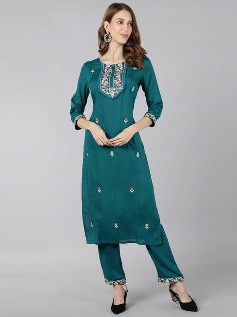 kipek teal blue embroidered kurta pant set