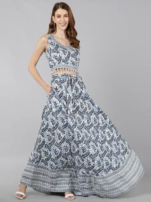 kipek blue cotton printed crop top skirt set