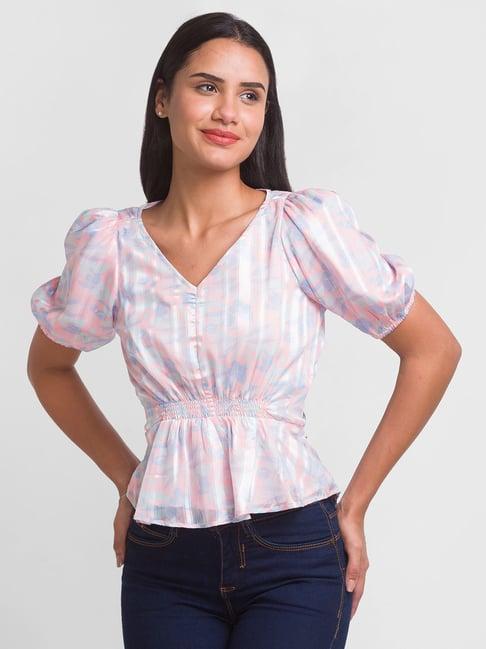 globus peach & blue printed top