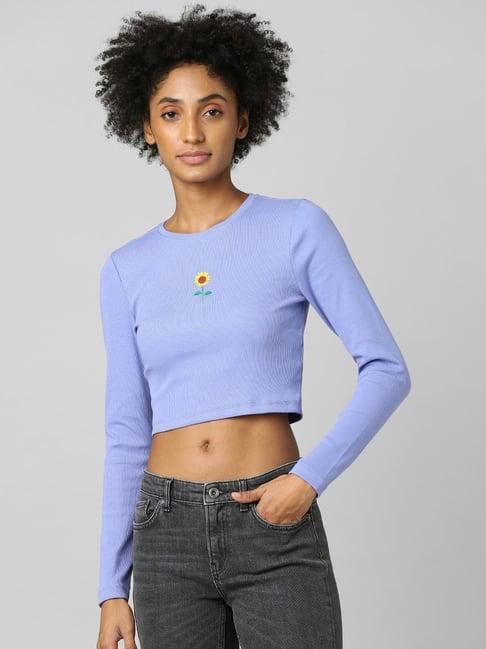 only blue embroidered round neck crop top