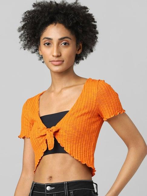 only orange self design v neck blouse