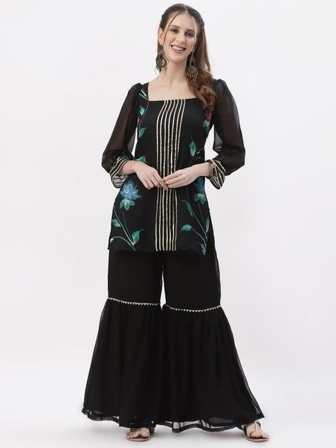 studiorasa black printed kurti sharara set