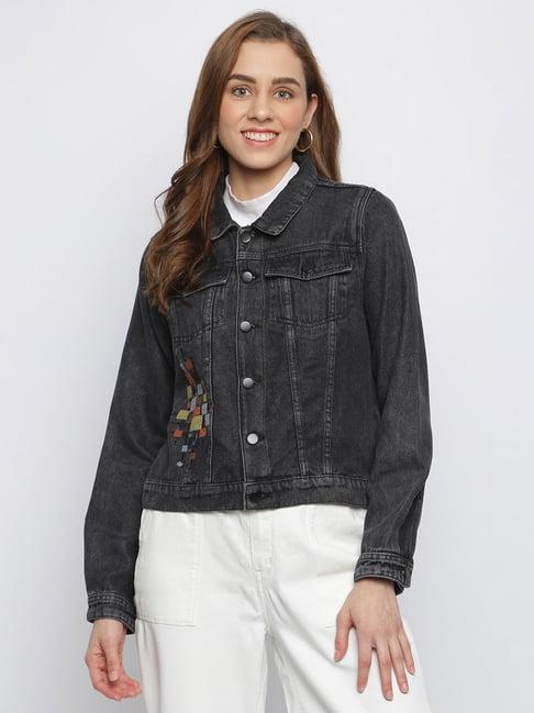 tales & stories black embroidered denim jacket