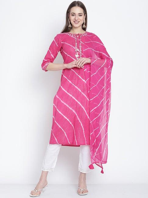 rajnandini pink & white embroidered kurta pant set with dupatta