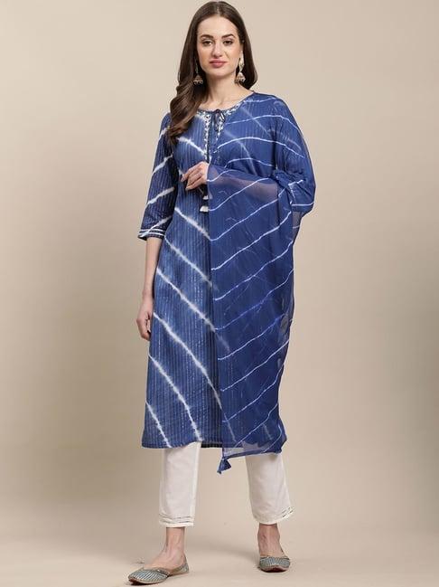 rajnandini blue & white embroidered kurta pant set with dupatta