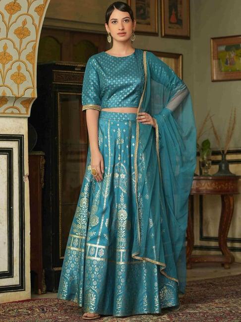 juniper women's teal shantoon slub foil printed lehenga choli set