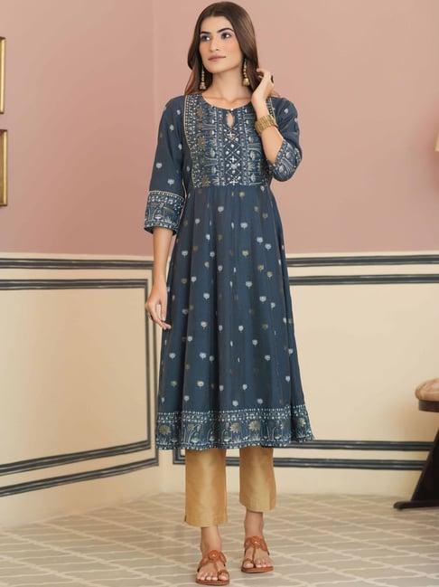 juniper teal rayon placement printed anarkali kurta