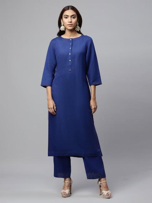 linen club woman navy band neck kurta