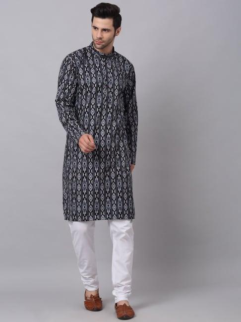 neudis men black & grey printed cotton kurta & churidar set