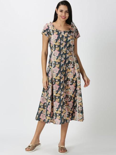 saffron threads grey & pink cotton floral print a-line dress