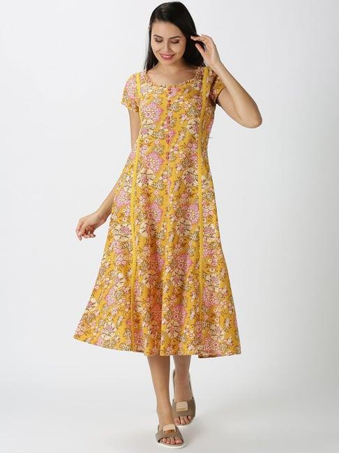 saffron threads yellow cotton floral print a-line dress