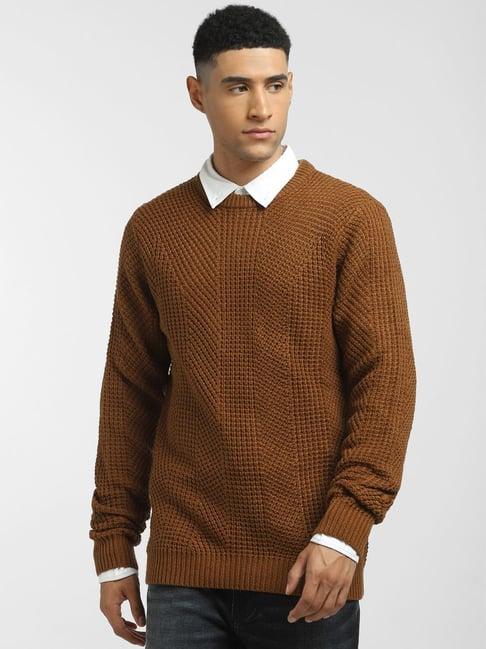 jack & jones brown slim fit self pattern sweater