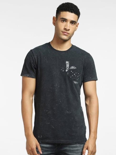 jack & jones jet black cotton slim fit printed t-shirt