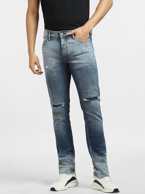 jack & jones light blue denim cotton slim fit distressed jeans