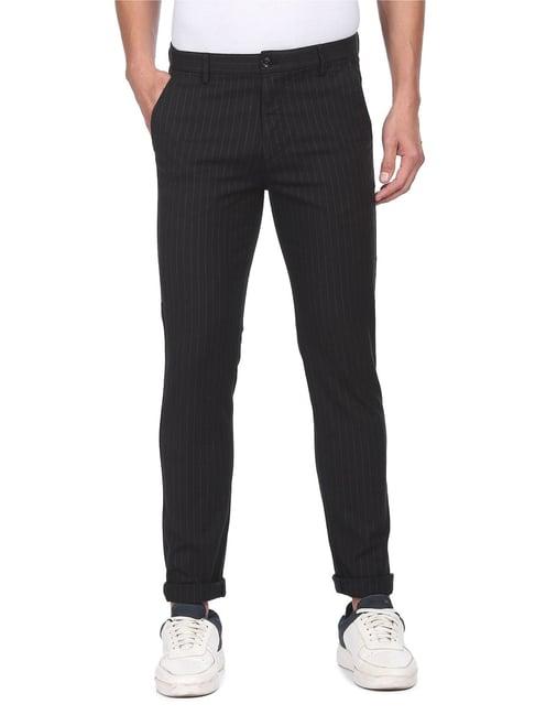 arrow sport black cotton skinny fit striped trousers