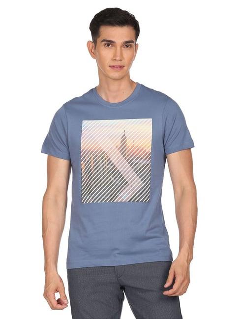 arrow new york blue cotton regular fit printed t-shirts