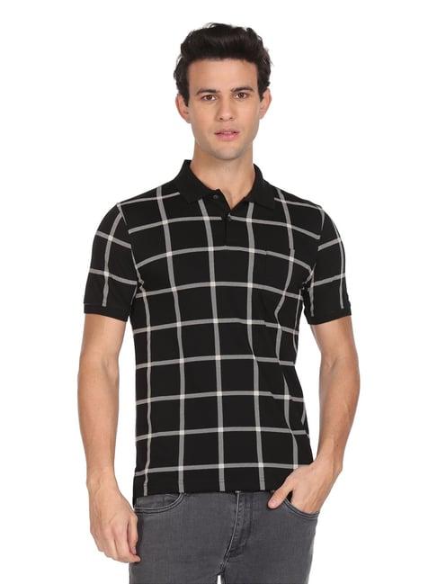 arrow new york black cotton regular fit checks polo t-shirts