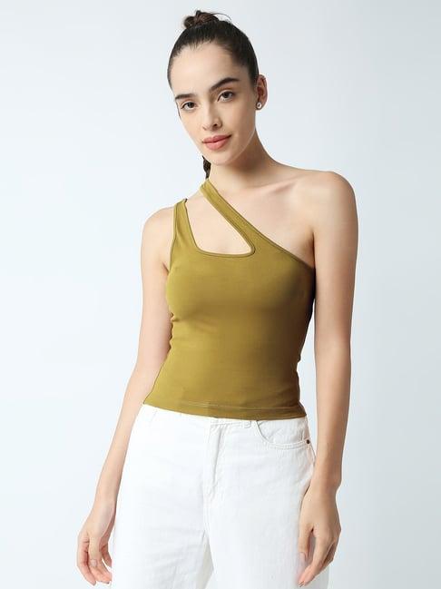 disrupt olive green one shoulder crop top