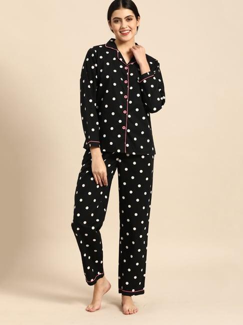 clt.s black printed shirt & pyjamas with eyemask & scrunchie