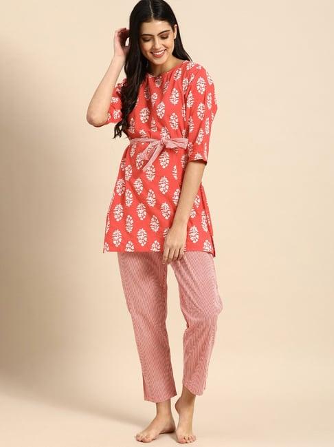 clt.s red printed tunic with pyjamas