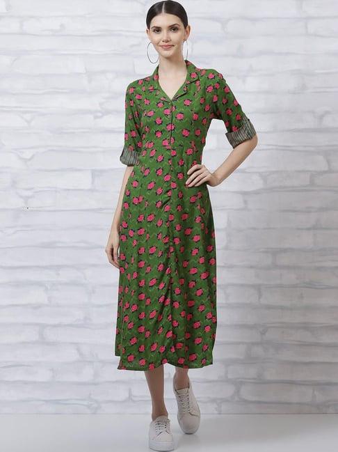 rangriti green printed a-line dress