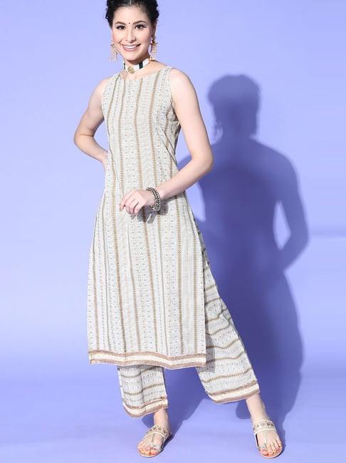 indo era off-white printed kurta palazzo set