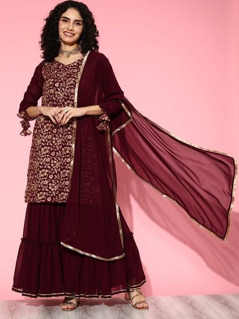 indo era maroon embroidered kurta sharara set with dupatta